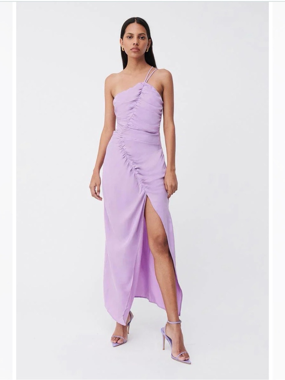 $289 Asymmetric One-Shoulder Ruched Lavender Maxi Dress
